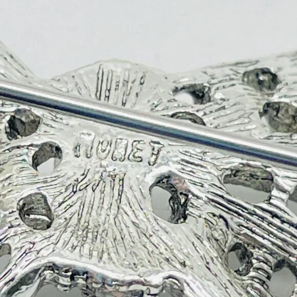 Vintage MONET Silver Tone Bow Brooch Faux Pearl Rhinestone Signed June Birthday - Picture 6 of 7